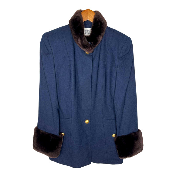 Neiman Marcus 6 LUXURY 100% Wool Coat $790 Faux Fur Trim Gold Buttons Navy Blue - Picture 2 of 9